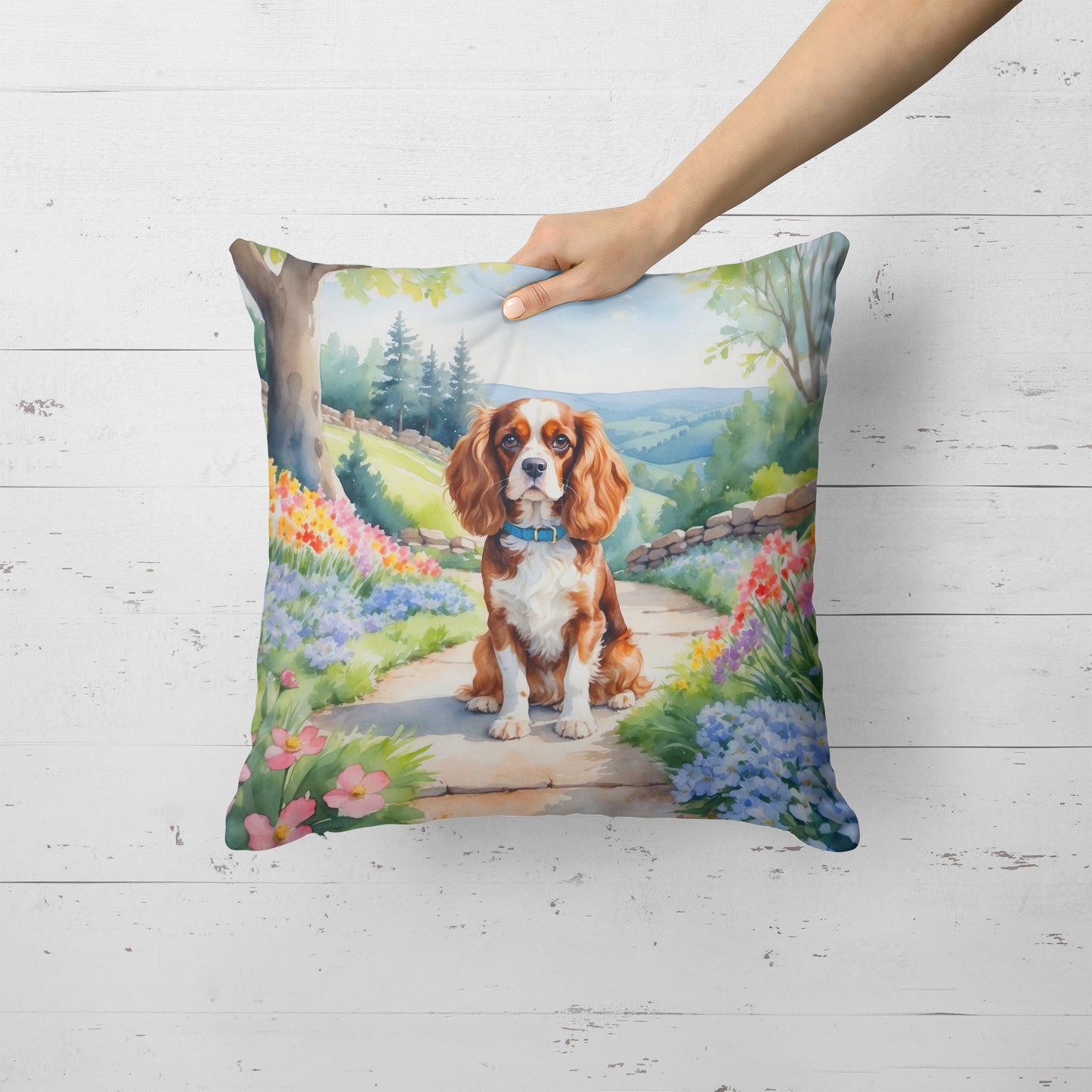 Cavalier Spaniel Spring Path Throw Pillow