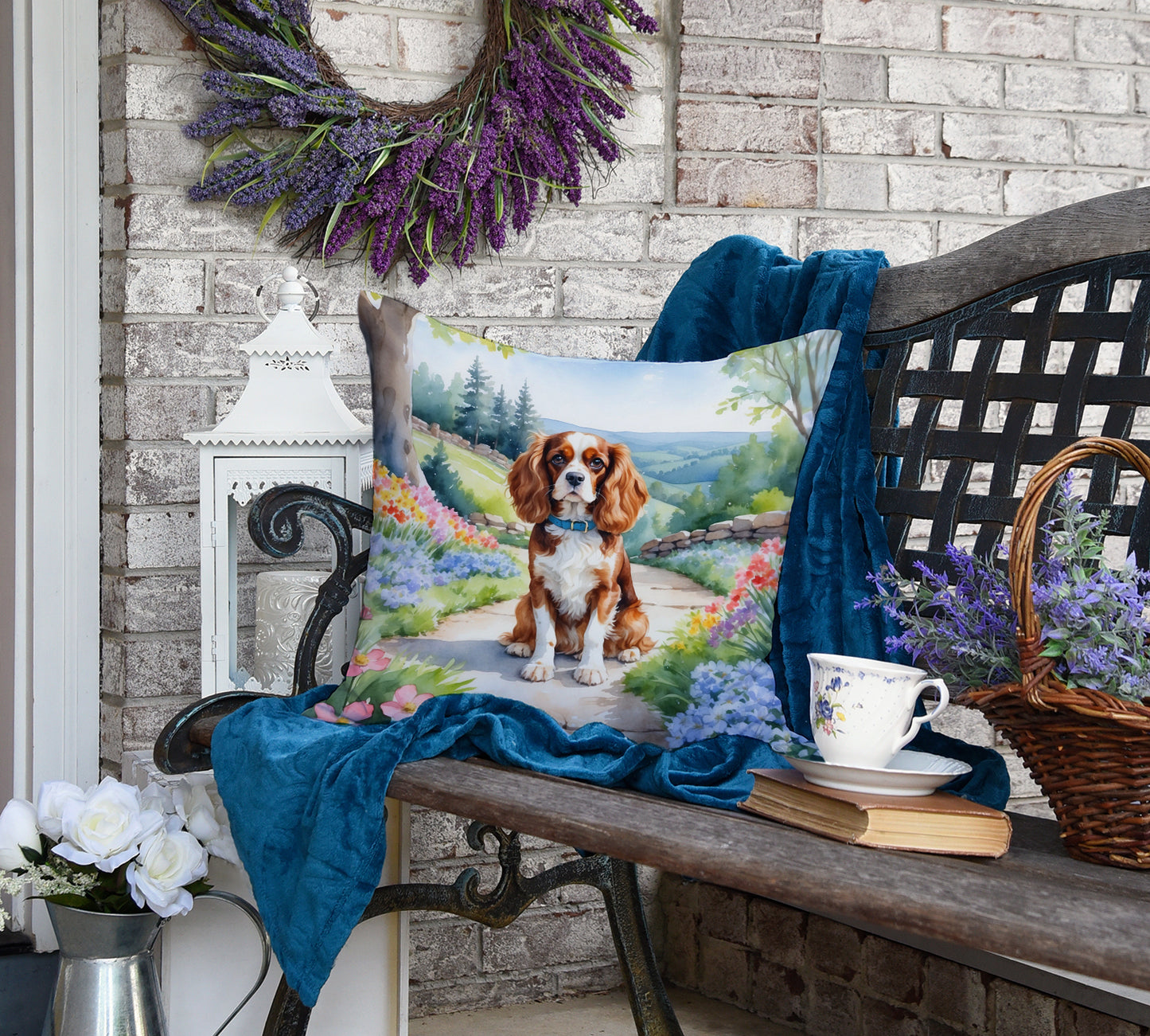 Cavalier Spaniel Spring Path Throw Pillow