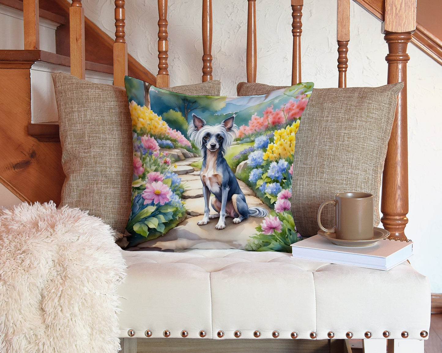 Chinese Crested Spring Path Throw Pillow