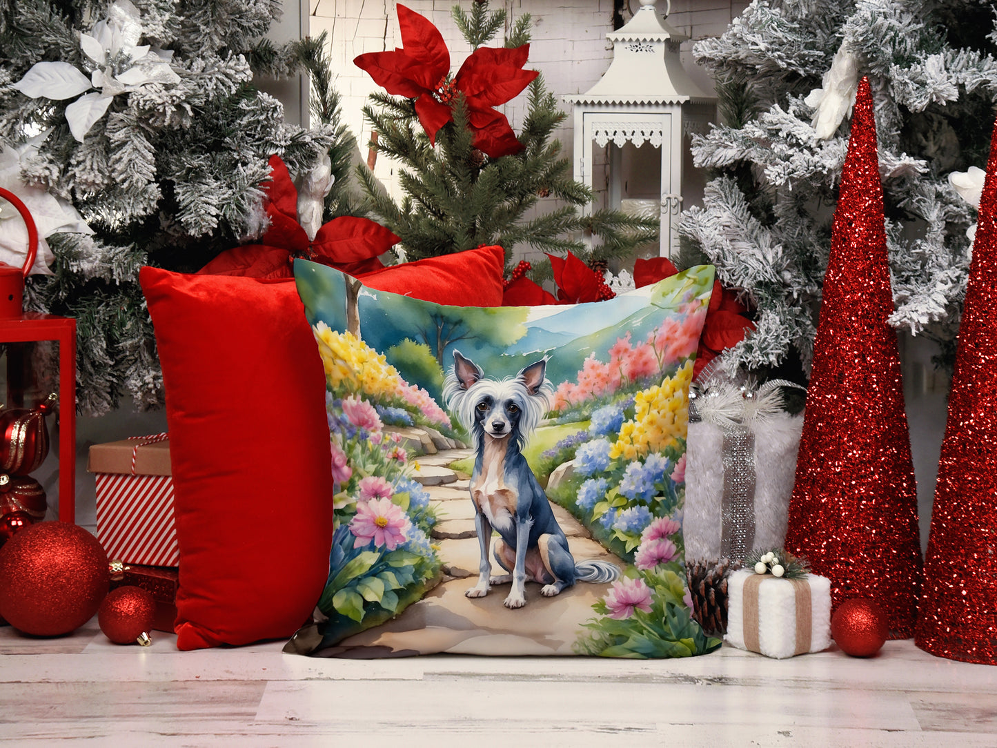 Chinese Crested Spring Path Throw Pillow