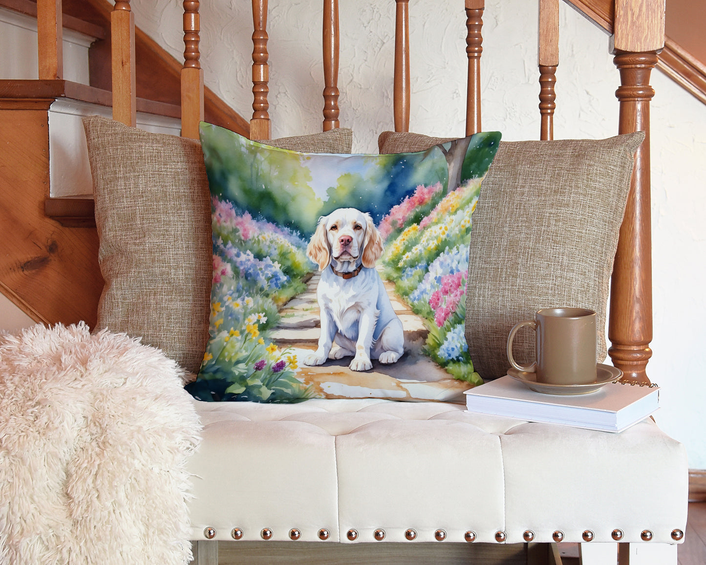 Clumber Spaniel Spring Path Throw Pillow