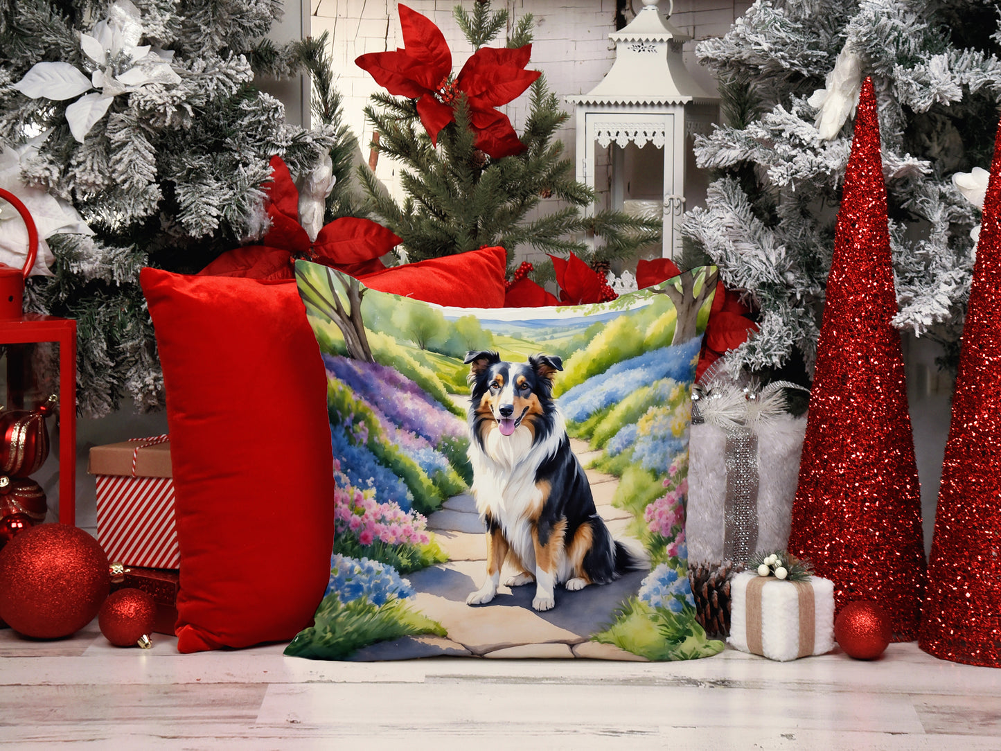 Collie Spring Path Throw Pillow