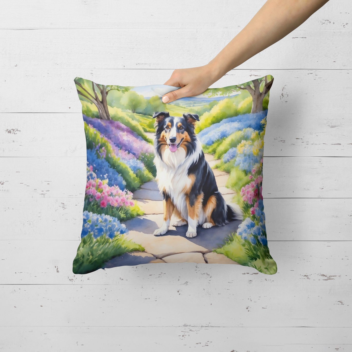 Collie Spring Path Throw Pillow