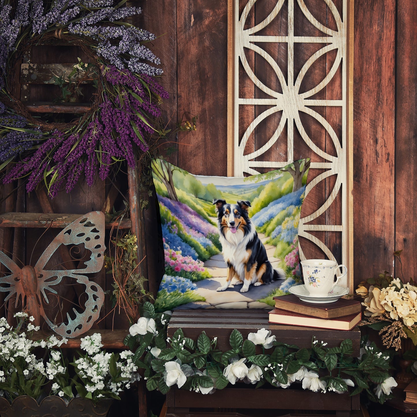 Collie Spring Path Throw Pillow