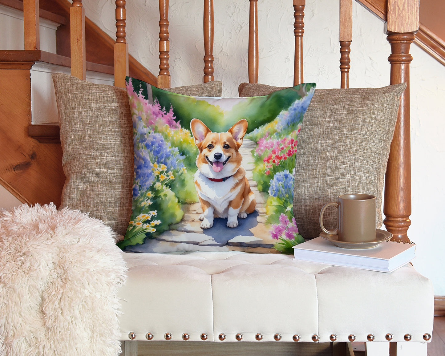 Corgi Spring Path Throw Pillow