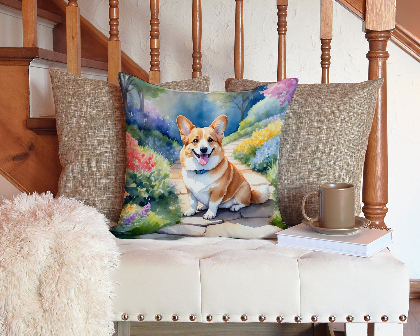 Corgi Spring Path Throw Pillow