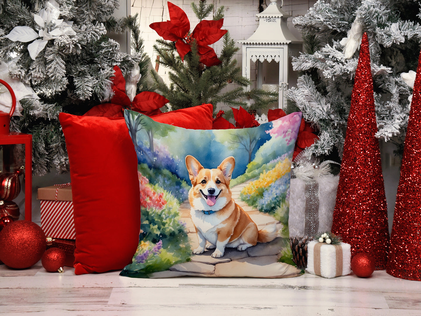 Corgi Spring Path Throw Pillow