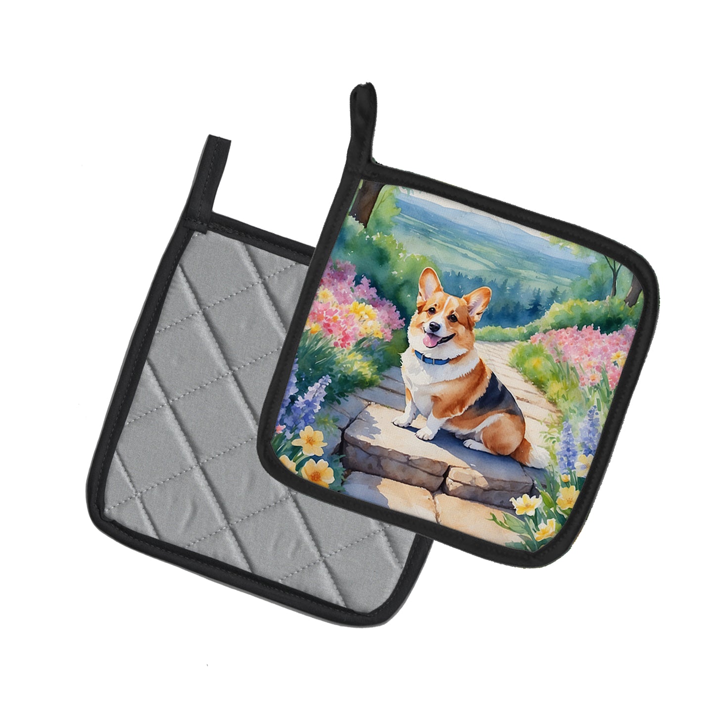 Corgi Spring Path Pair of Pot Holders