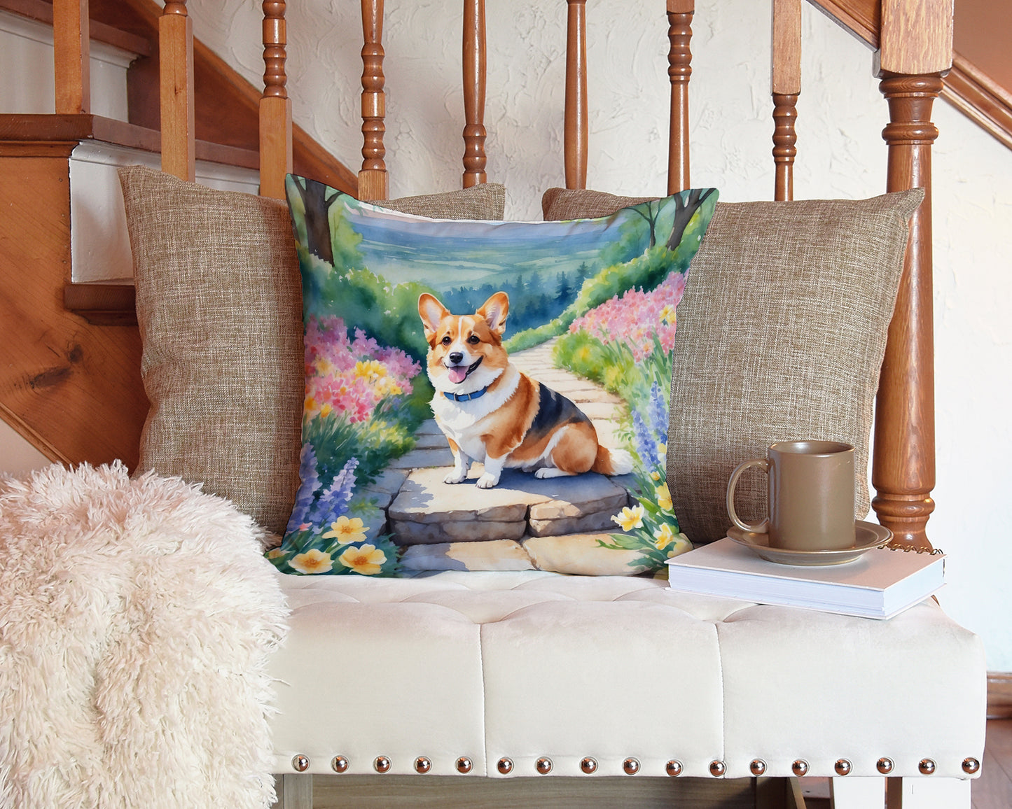 Corgi Spring Path Throw Pillow