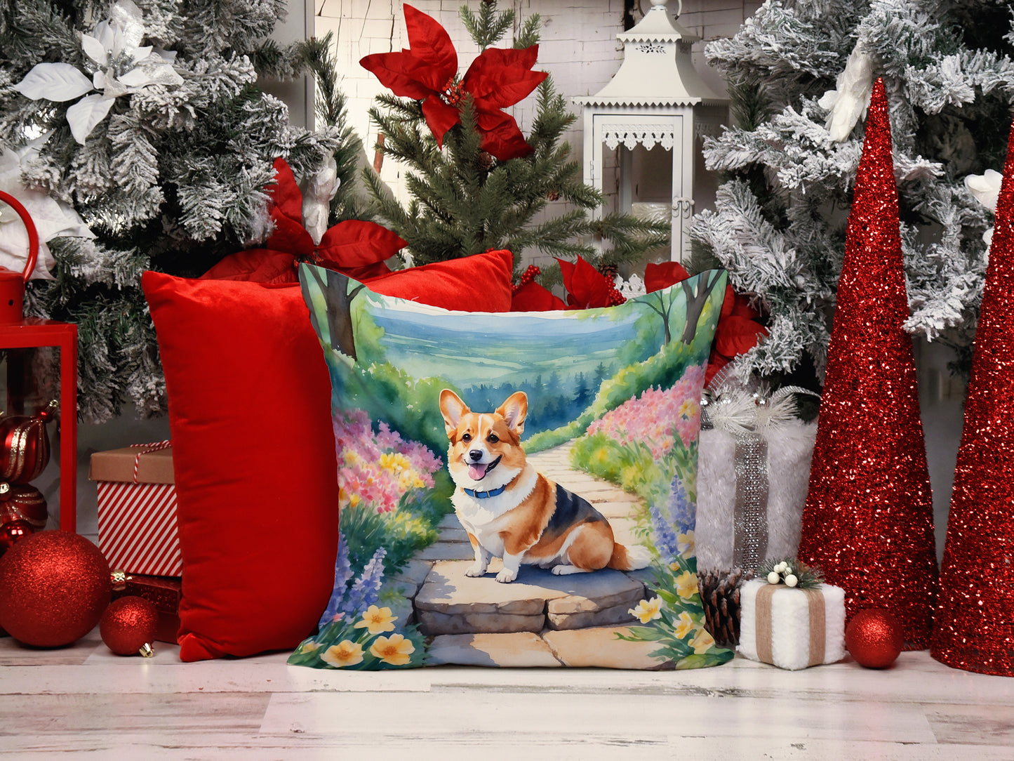 Corgi Spring Path Throw Pillow