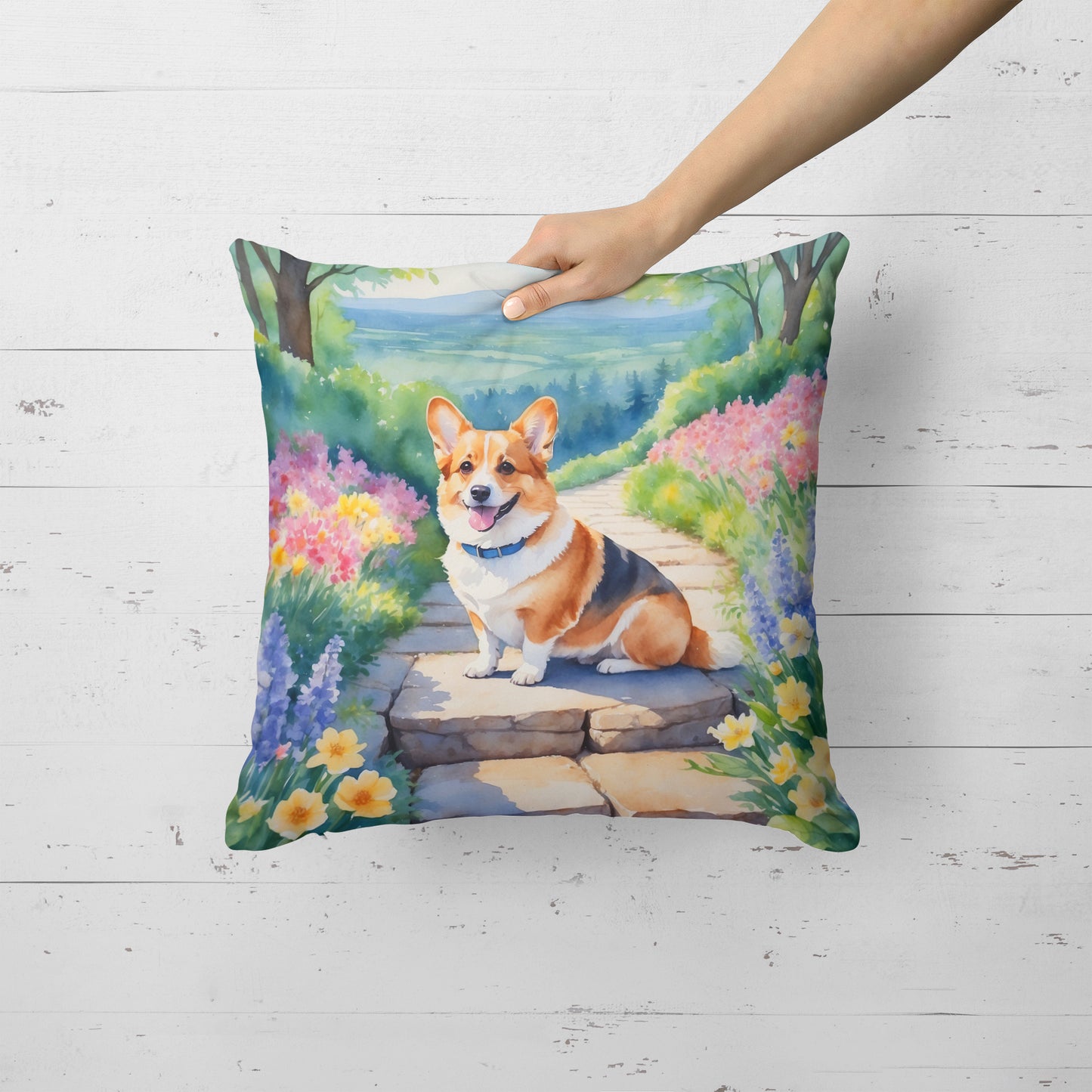 Corgi Spring Path Throw Pillow