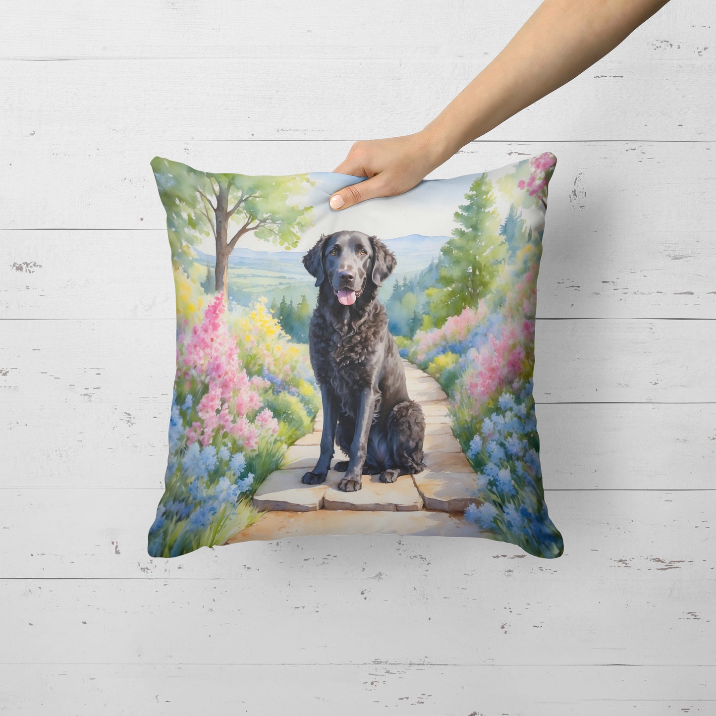 Curly-Coated Retriever Spring Path Throw Pillow