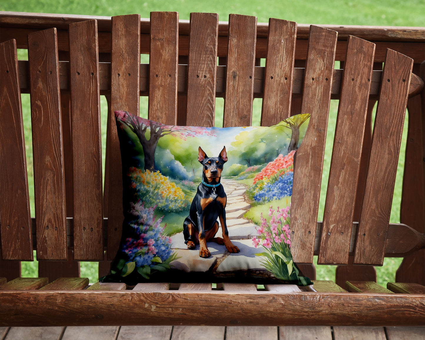 Doberman Pinscher Spring Path Throw Pillow