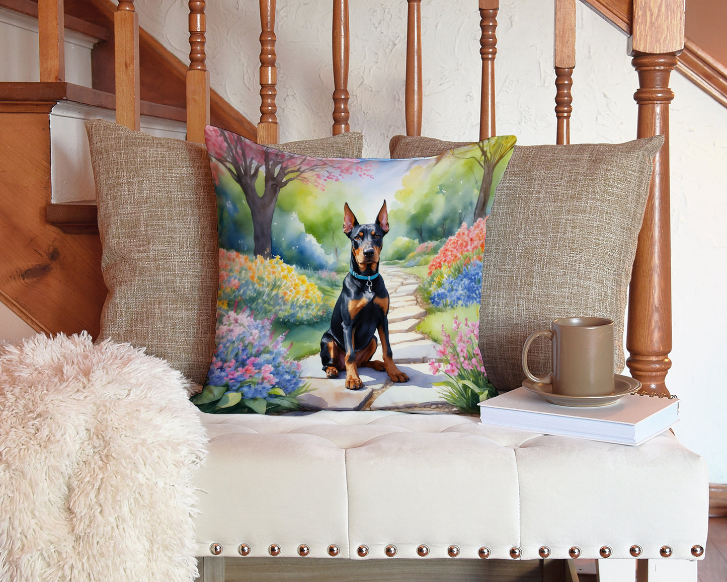 Doberman Pinscher Spring Path Throw Pillow