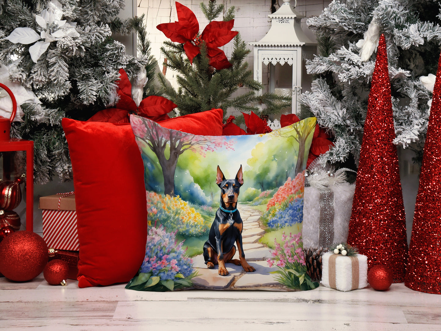 Doberman Pinscher Spring Path Throw Pillow