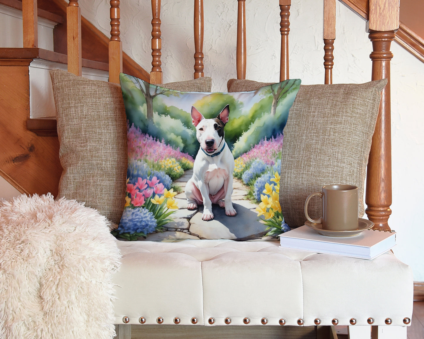 English Bull Terrier Spring Path Throw Pillow