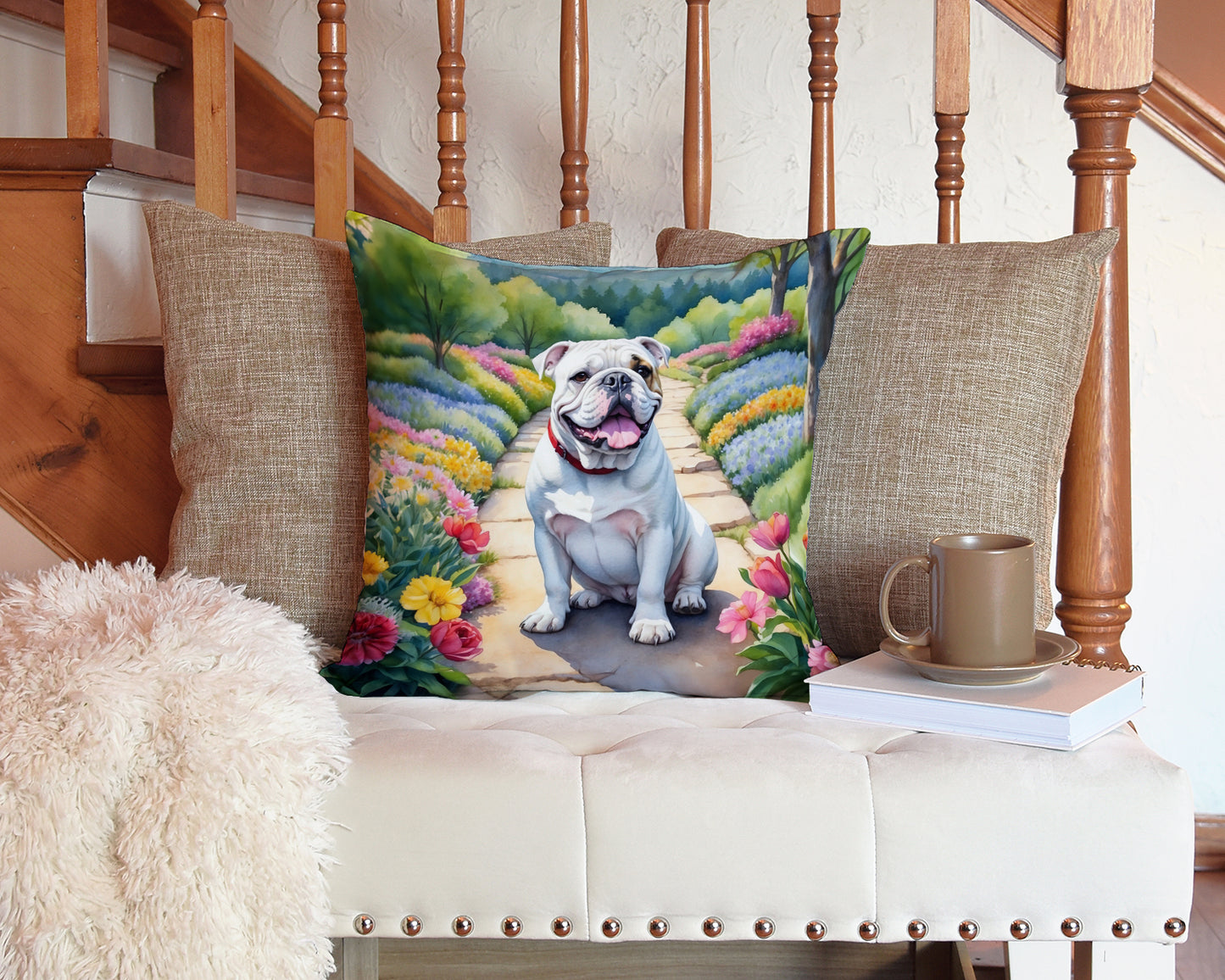 English Bulldog Spring Path Throw Pillow