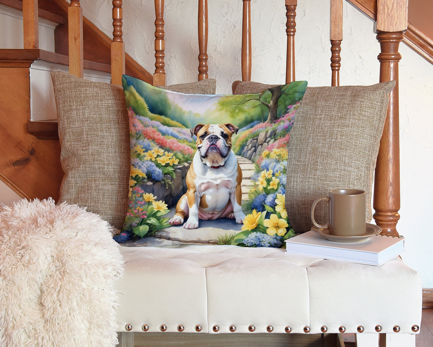 English Bulldog Spring Path Throw Pillow