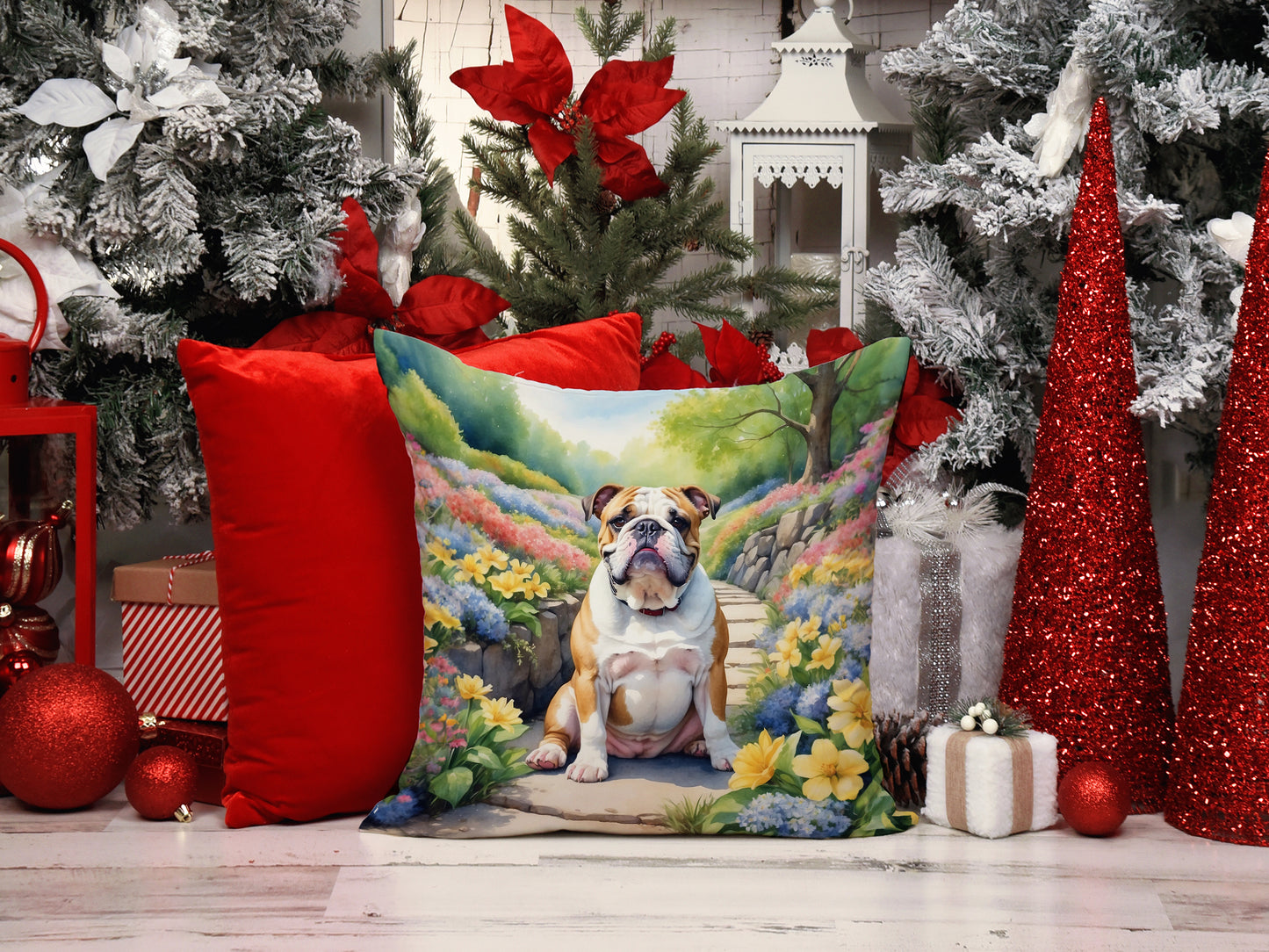 English Bulldog Spring Path Throw Pillow