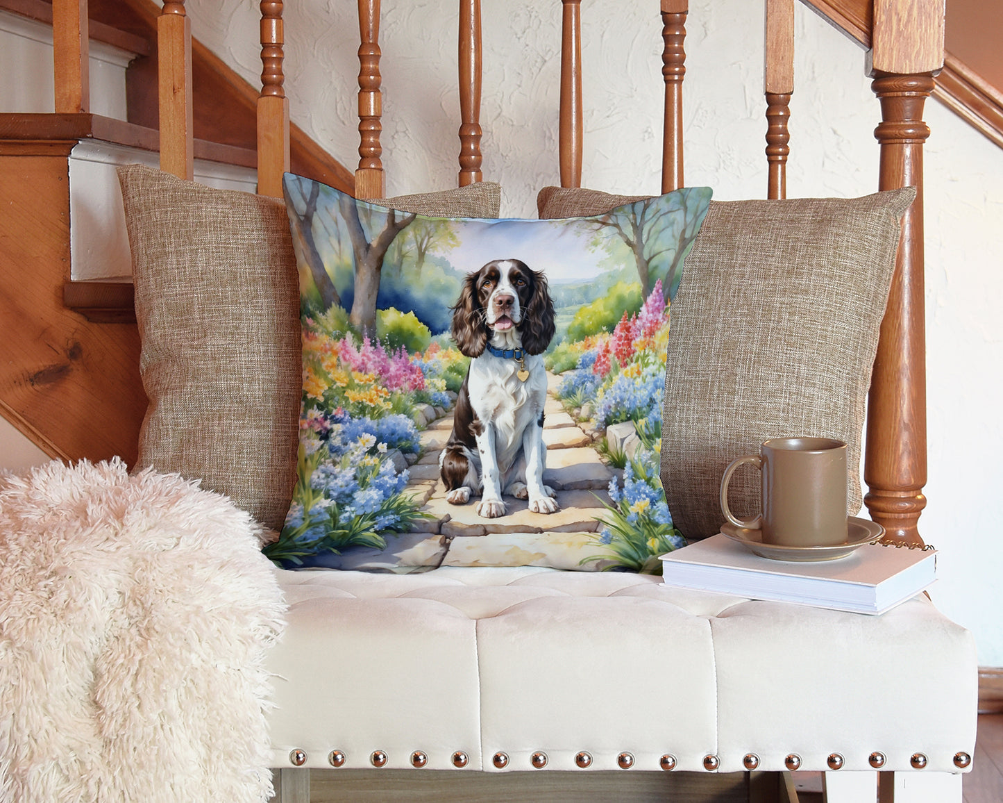 English Springer Spaniel Spring Path Throw Pillow