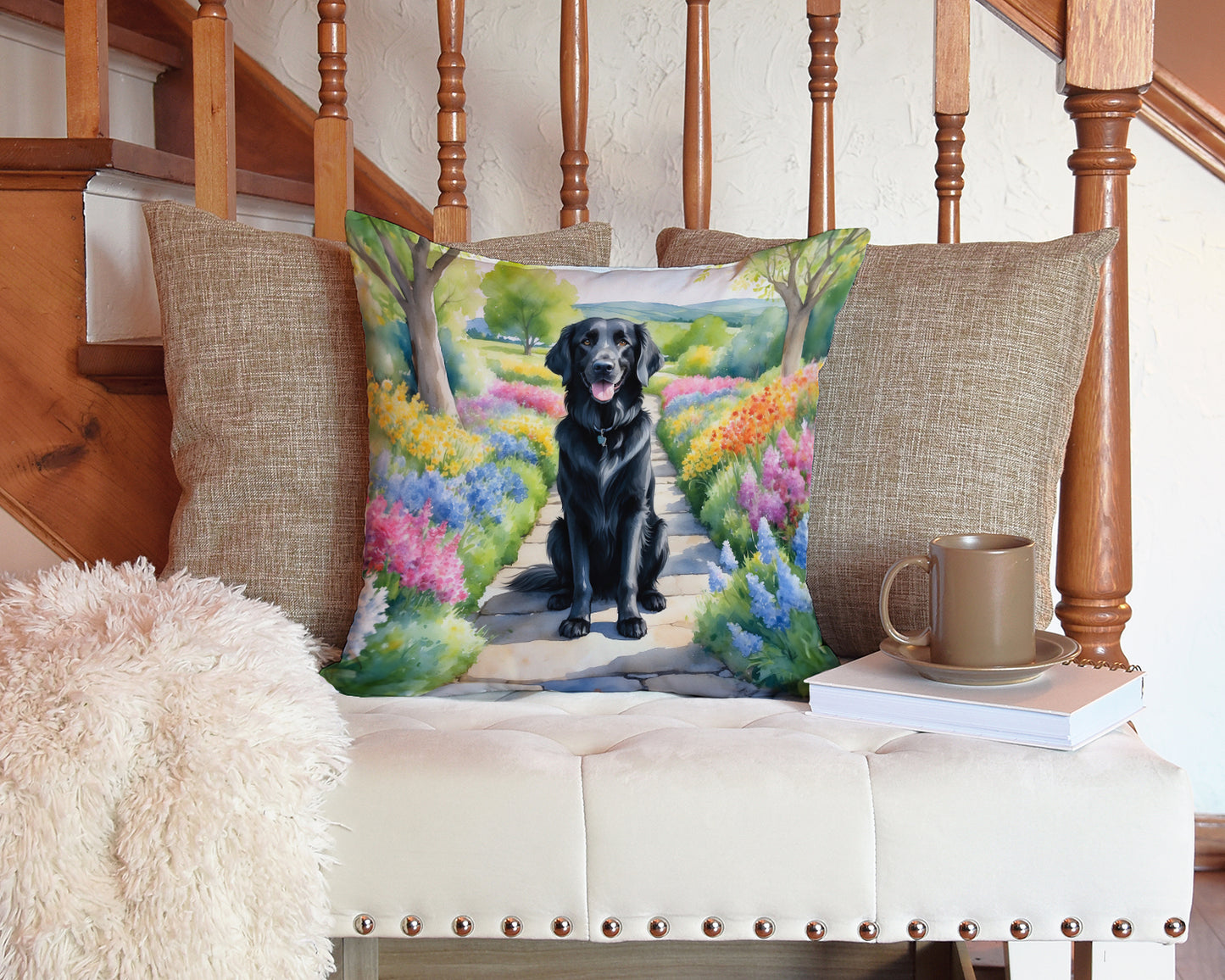 Flat-Coated Retriever Spring Path Throw Pillow