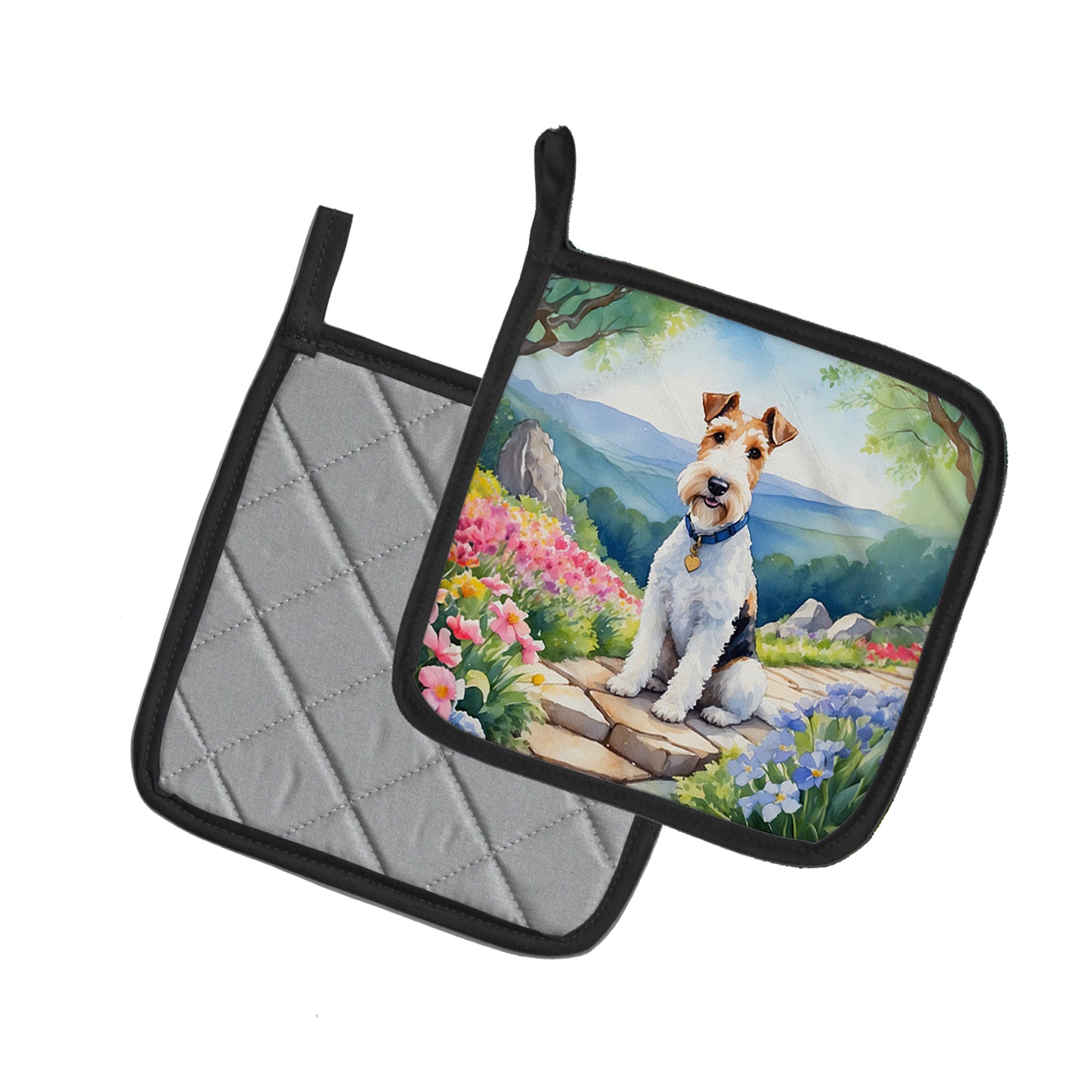 Fox Terrier Spring Path Pair of Pot Holders