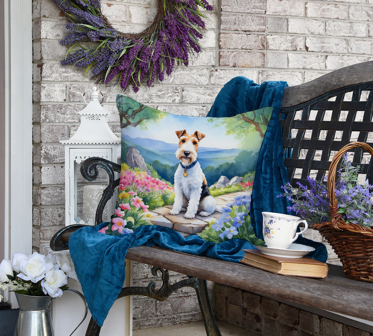 Fox Terrier Spring Path Throw Pillow