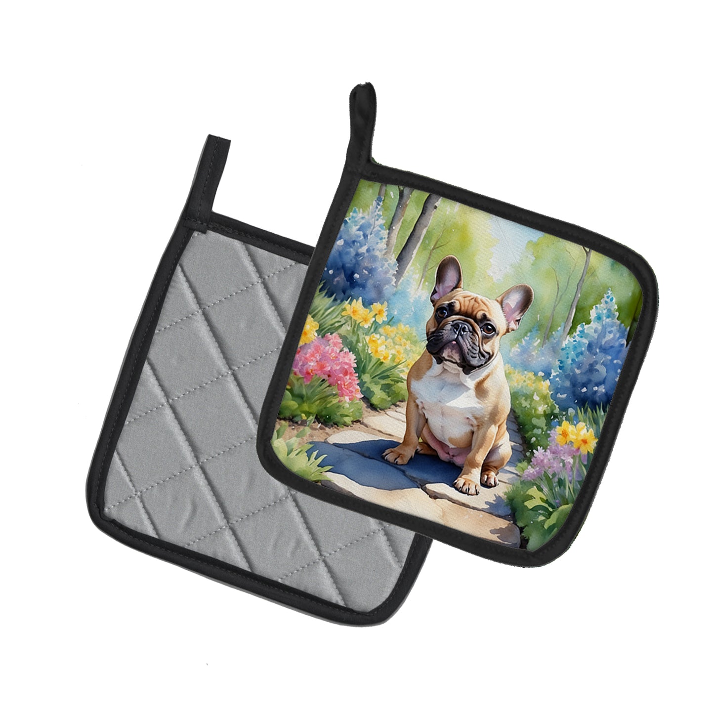 French Bulldog Spring Path Pair of Pot Holders