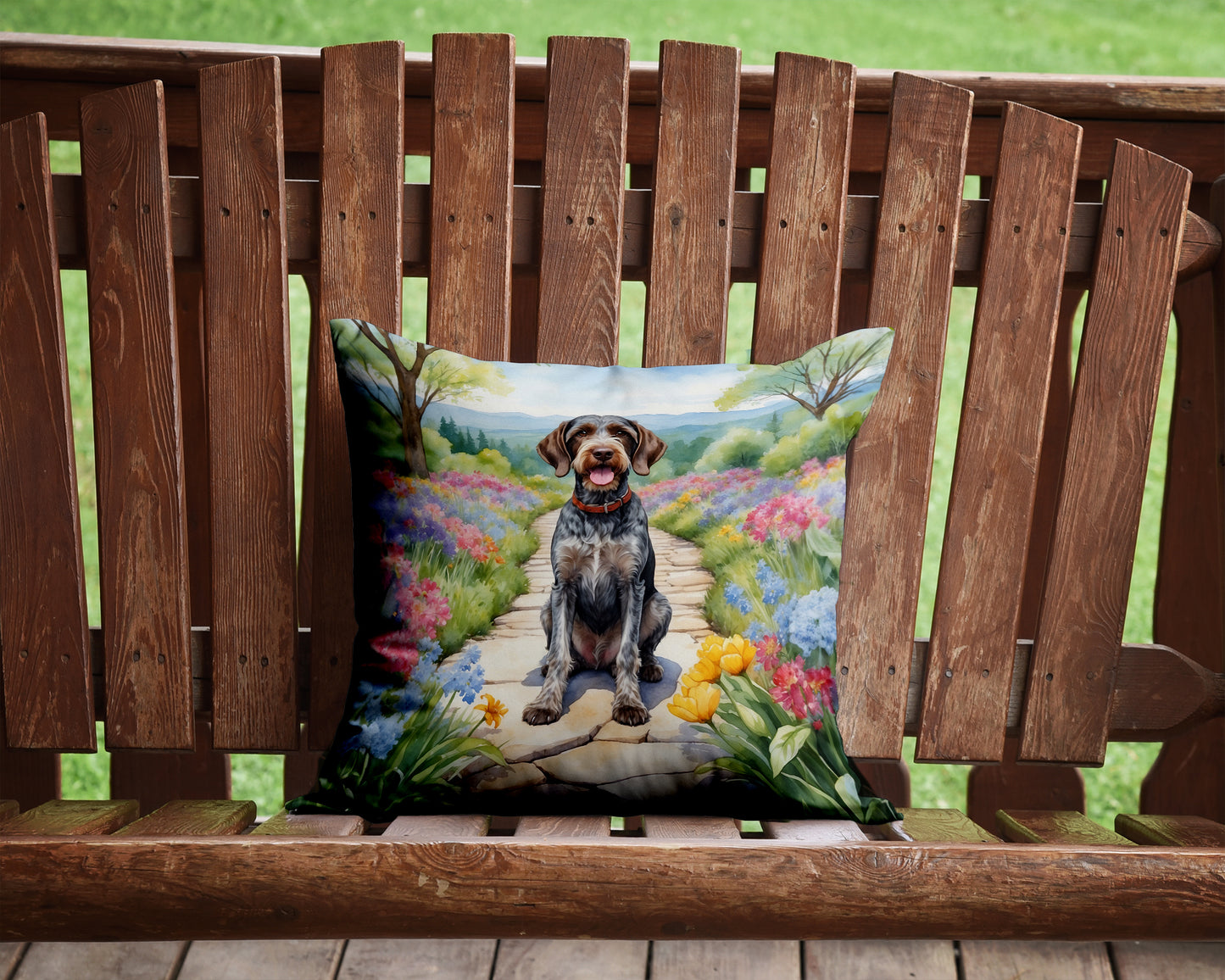 German Wirehaired Pointer Spring Path Throw Pillow