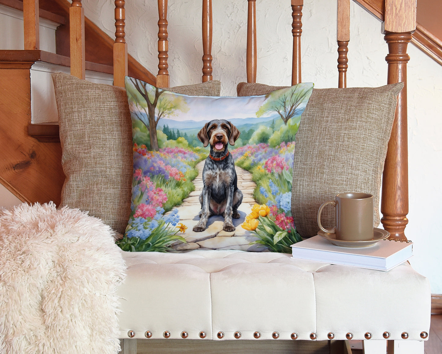 German Wirehaired Pointer Spring Path Throw Pillow