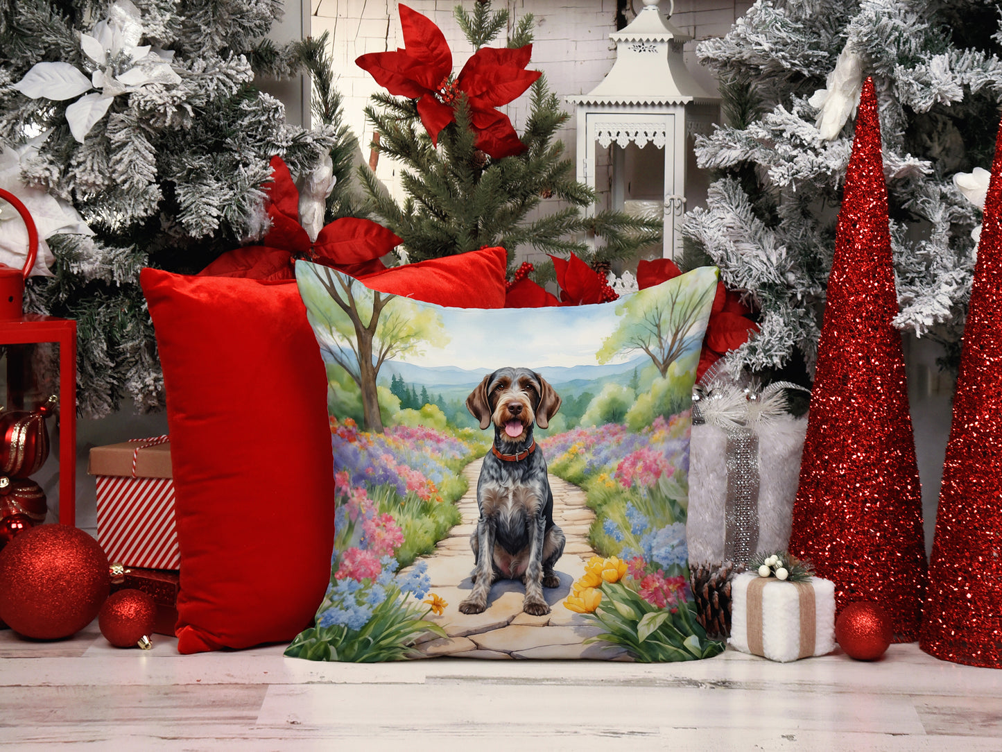 German Wirehaired Pointer Spring Path Throw Pillow