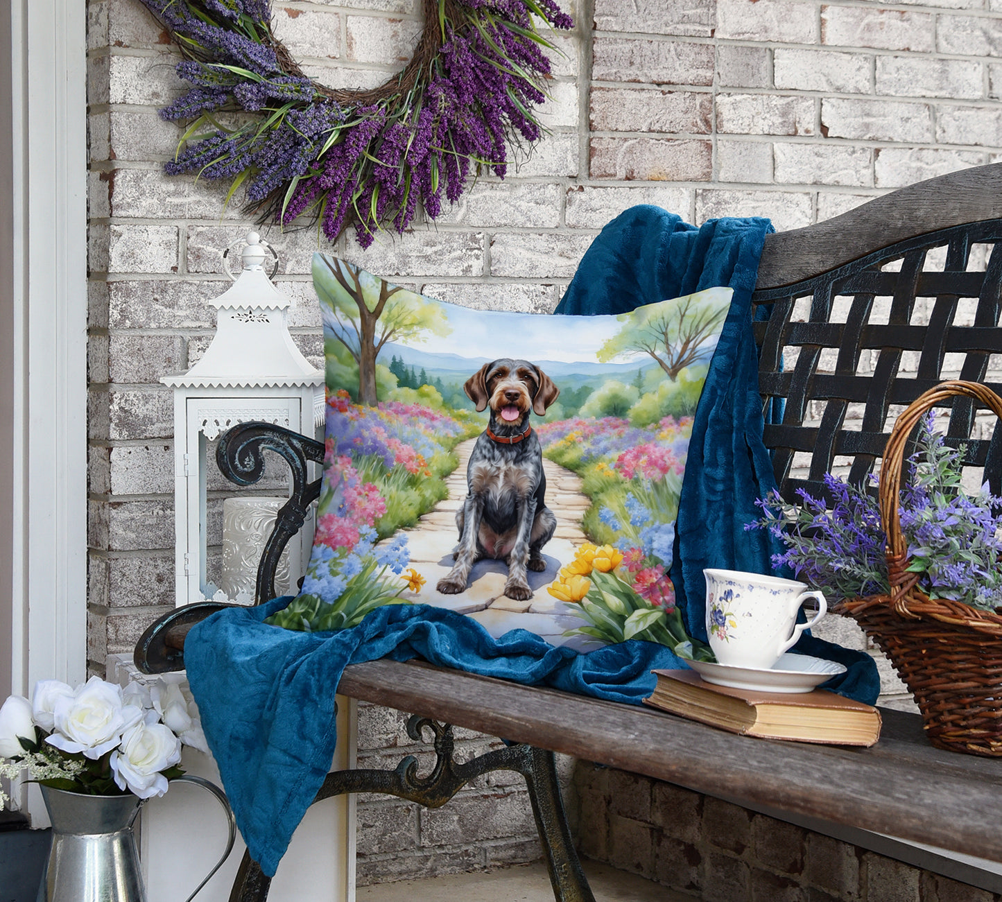 German Wirehaired Pointer Spring Path Throw Pillow