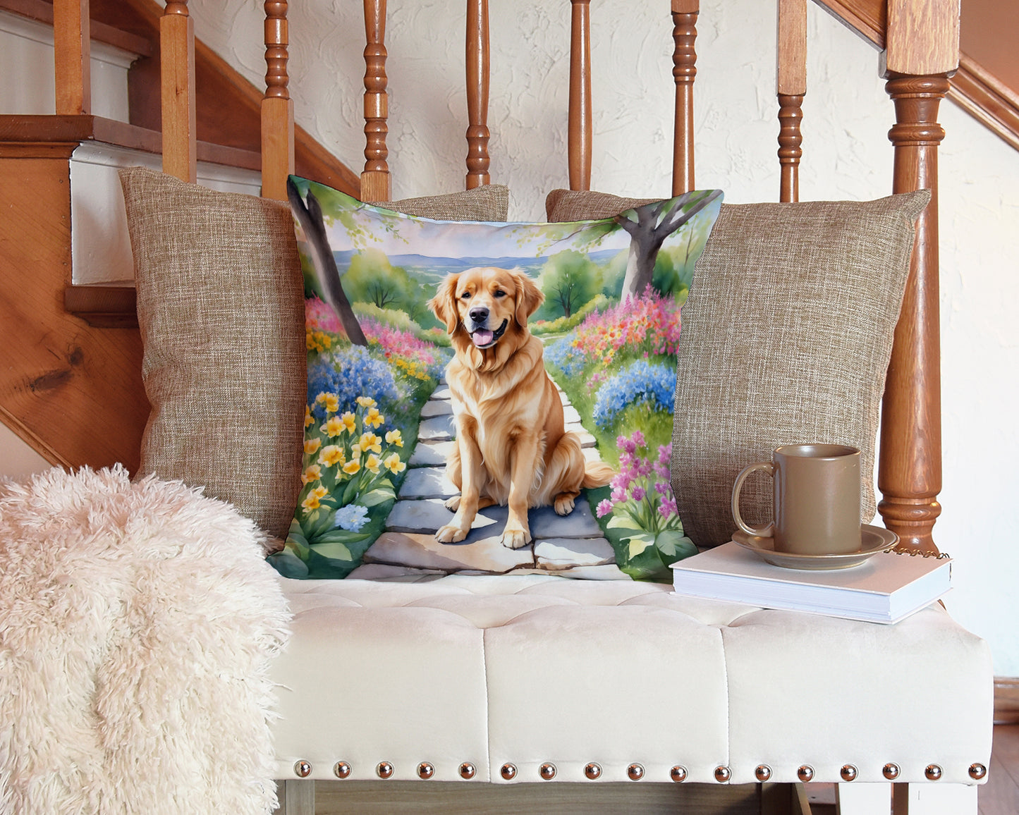 Golden Retriever Spring Path Throw Pillow