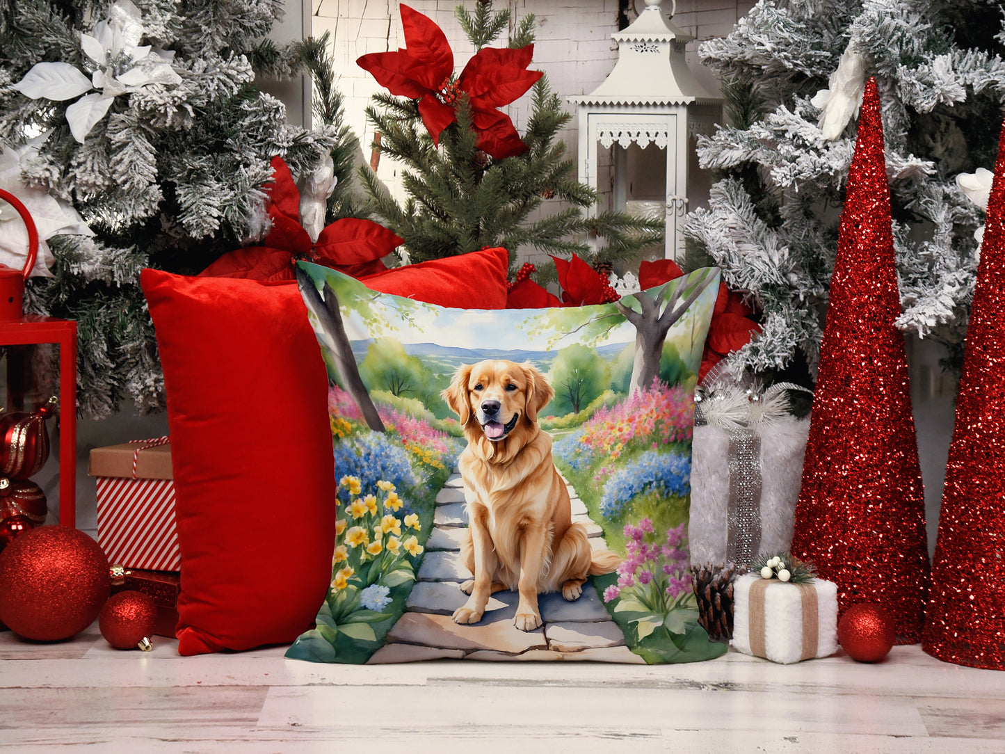 Golden Retriever Spring Path Throw Pillow