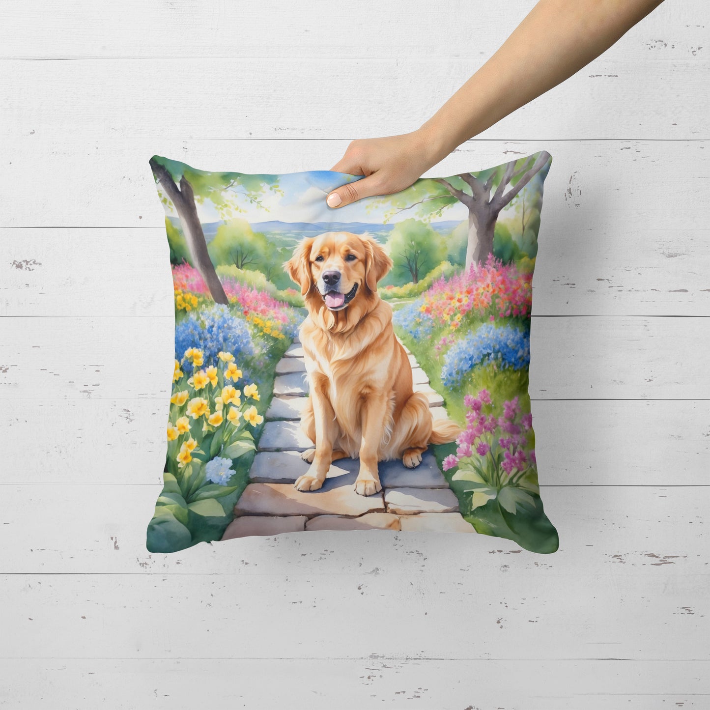 Golden Retriever Spring Path Throw Pillow