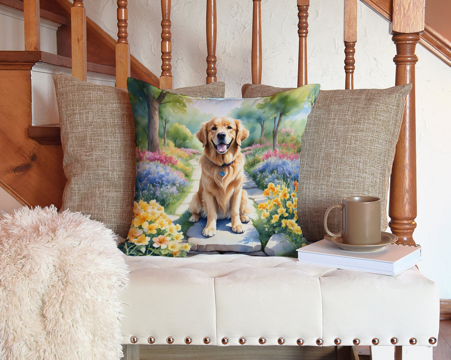 Golden Retriever Spring Path Throw Pillow