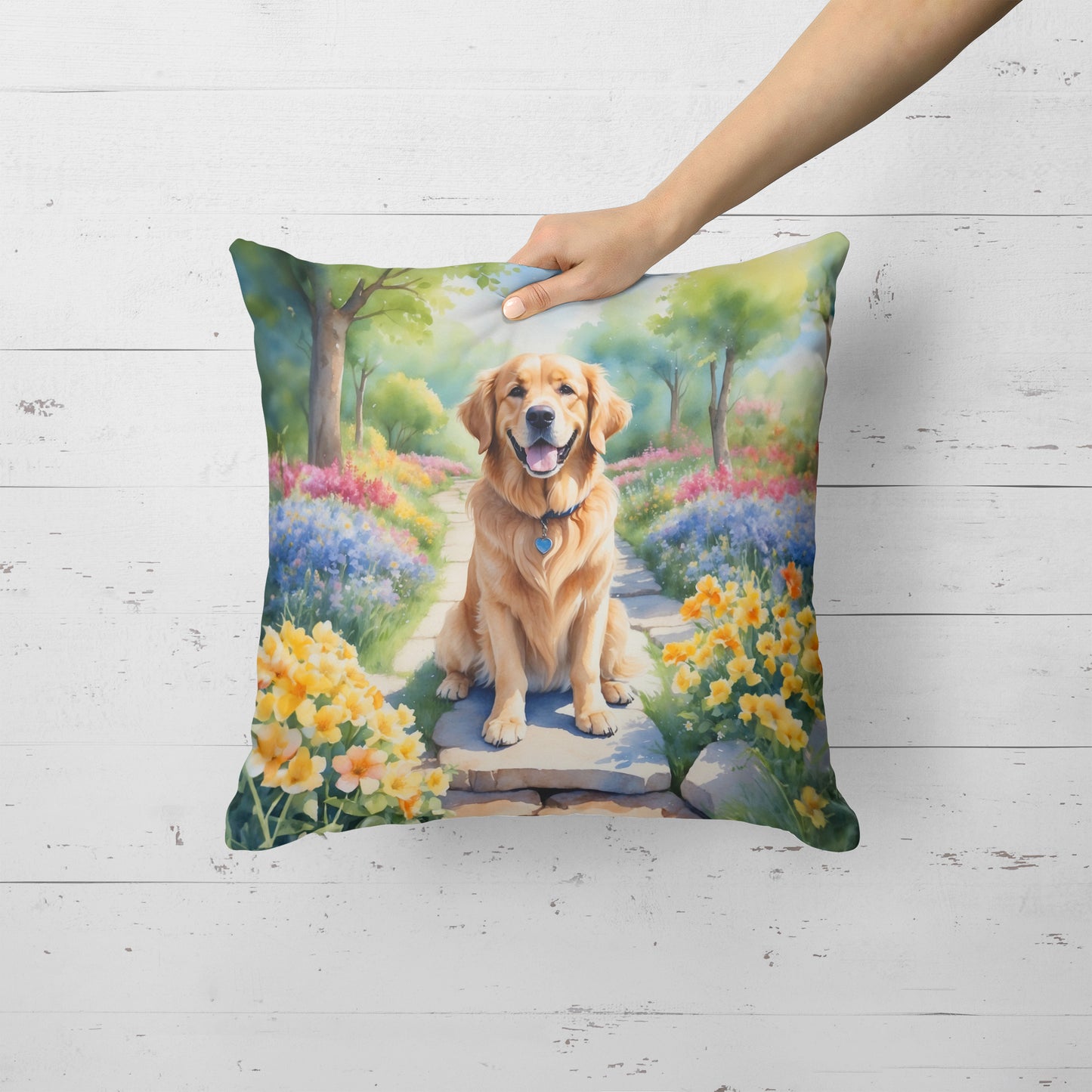 Golden Retriever Spring Path Throw Pillow