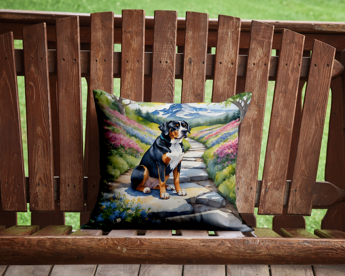 Greater Swiss Mountain Dog Spring Path Throw Pillow