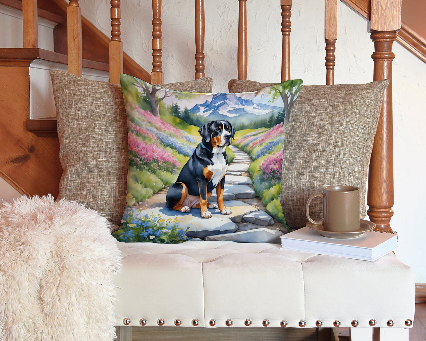 Greater Swiss Mountain Dog Spring Path Throw Pillow