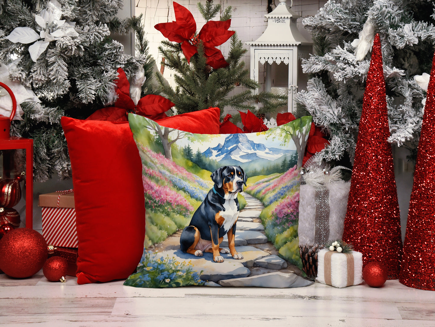 Greater Swiss Mountain Dog Spring Path Throw Pillow