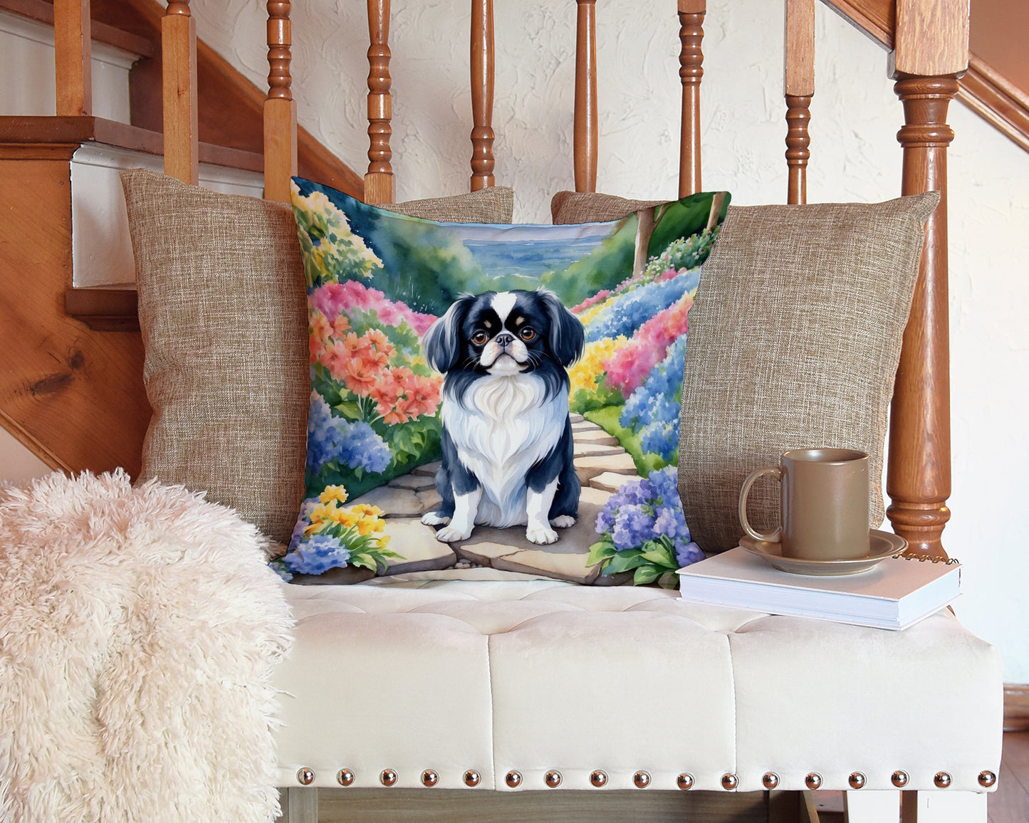 Japanese Chin Spring Path Throw Pillow