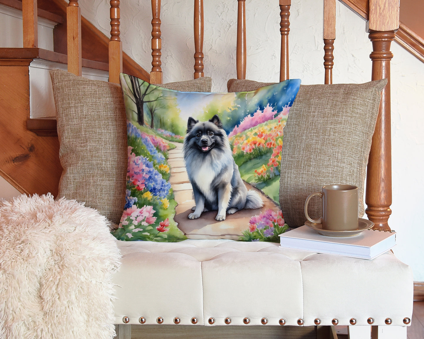 Keeshond Spring Path Throw Pillow