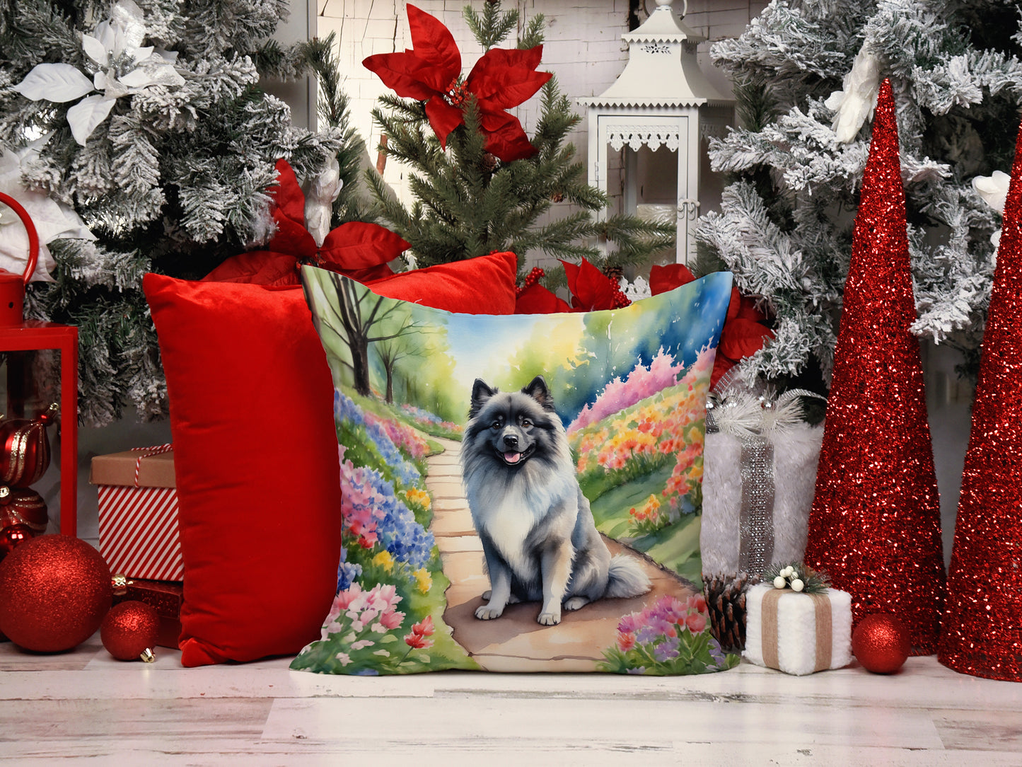 Keeshond Spring Path Throw Pillow