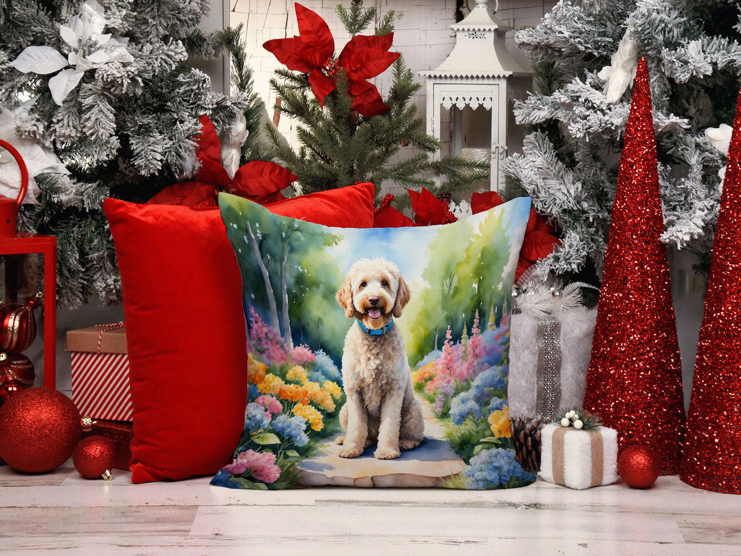 Labradoodle Spring Path Throw Pillow