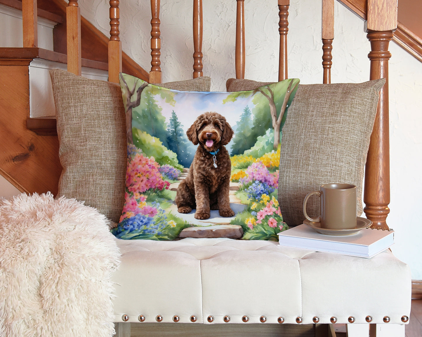 Labradoodle Spring Path Throw Pillow