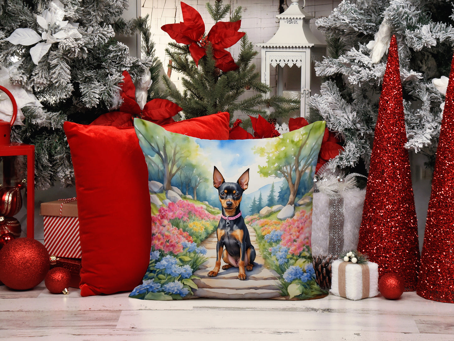 Miniature Pinscher Spring Path Throw Pillow