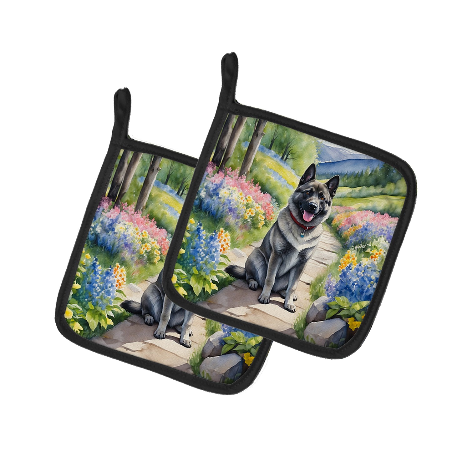 Buy this Norwegian Elkhound Spring Path Pair of Pot Holders