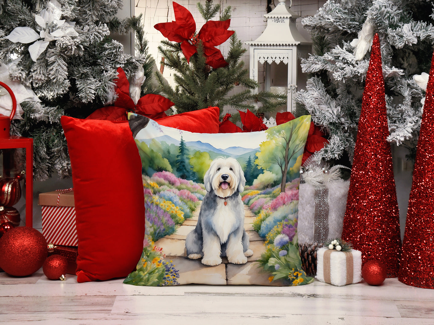 Old English Sheepdog Spring Path Throw Pillow