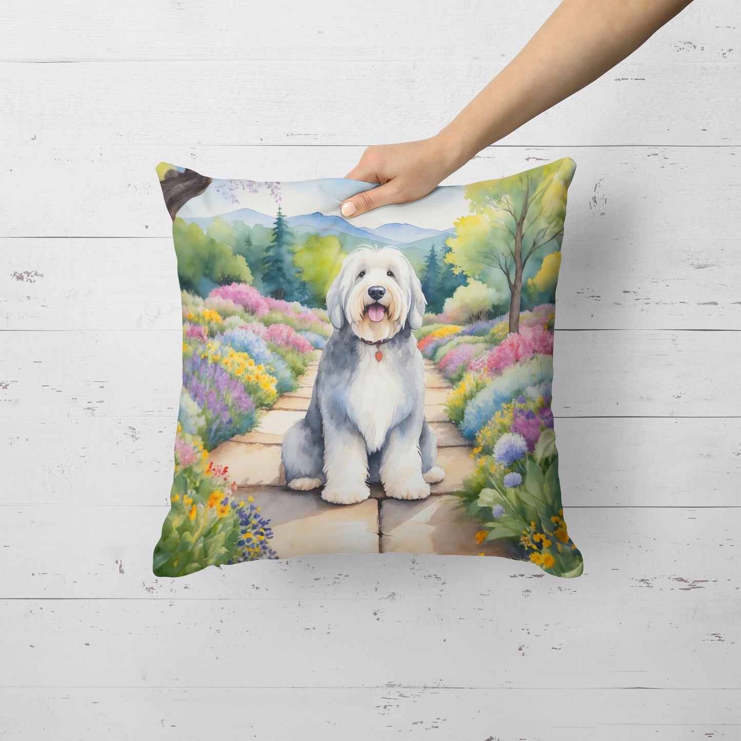 Old English Sheepdog Spring Path Throw Pillow