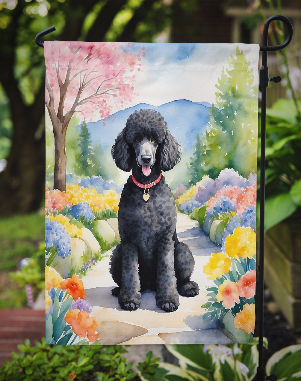 Black Poodle Spring Path Garden Flag